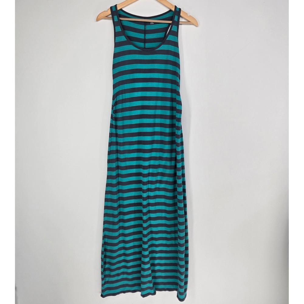 Gap Maternity Maxi‎ Dress Women S Teal Navy Blue Striped Racerback Ruched Casual